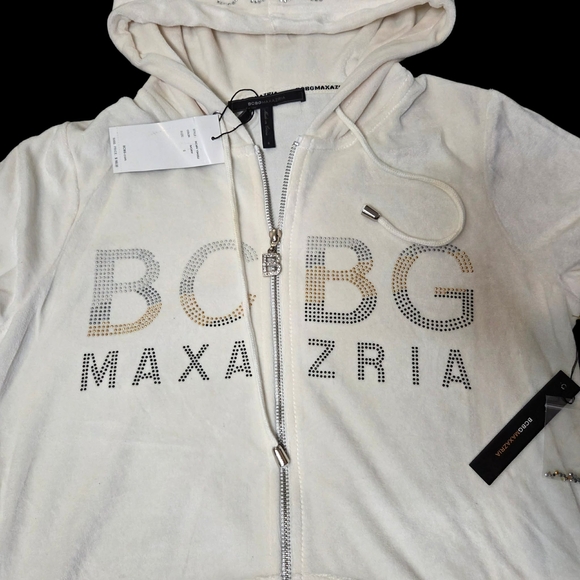 BCBGMaxAzria Jackets & Blazers - BCBGMaxAzria Ivory Rhinestone Logo Zip Hoodie